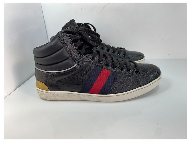 Sneakers alte Gucci in pelle con banda Web - Nero/Rosso/Blu - vista 2