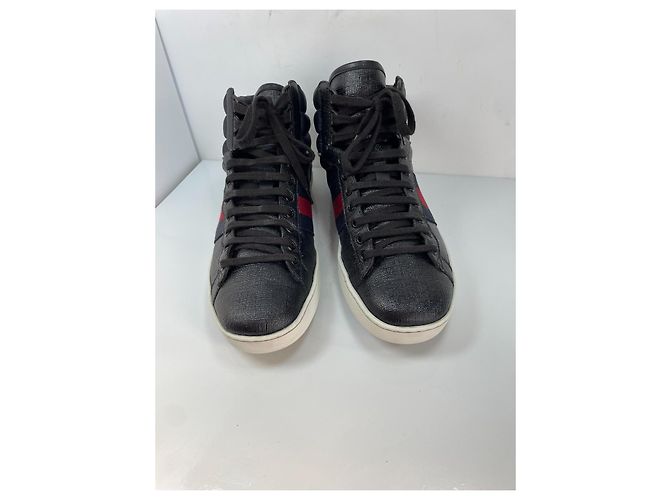 Sneakers alte Gucci in pelle con banda Web - Nero/Rosso/Blu - vista 3