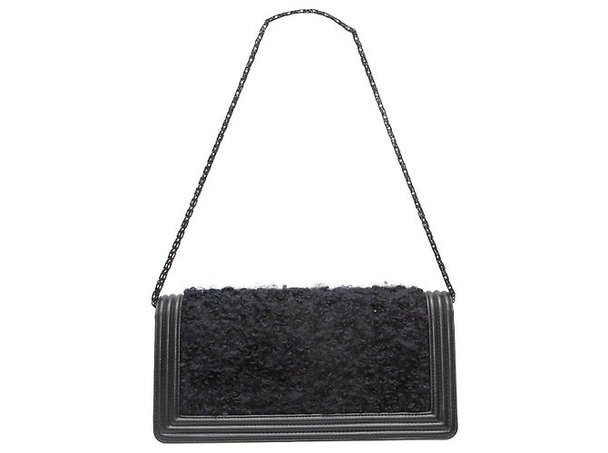 Autre Marque Borsa Boy Chanel Haute Couture personalizzata in pelle e shearling Black & Navy - vista 3