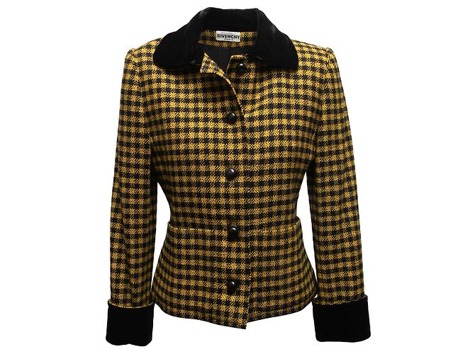 Vintage Givenchy Jacke in Schwarz-Gelb Karomuster mit Samtbesatz Größe US S - Ansicht 2