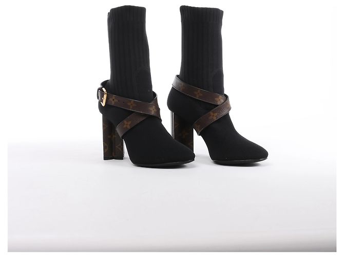 Louis Vuitton Monogram Stretch Fabric Silhouette Ankle Boots in Black × Brown, Size EU 37 - view 2