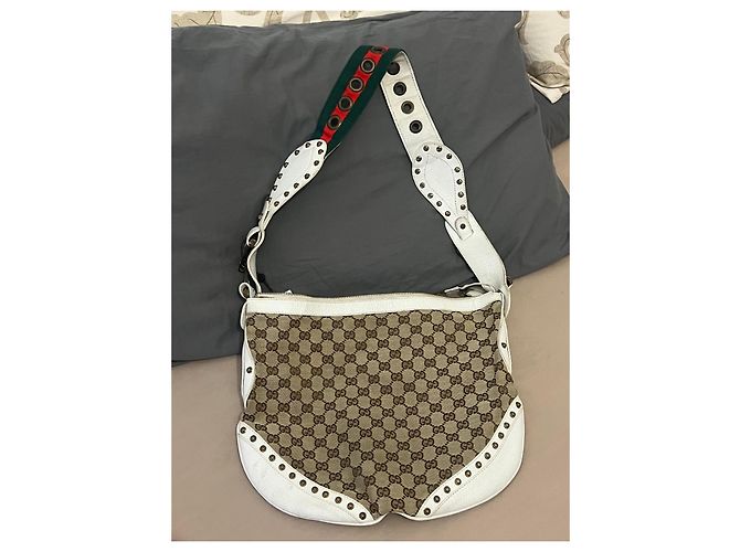 Bolsa de ombro Gucci Monogram em tela e couro branco - vista 2