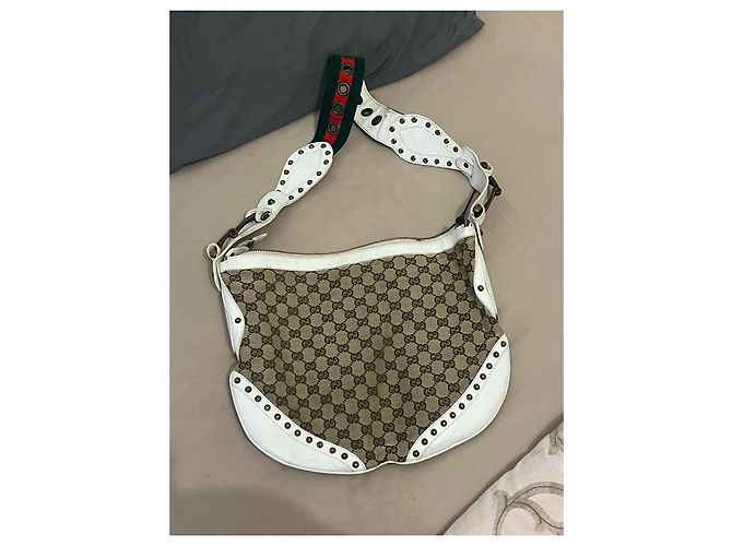 Bolsa de ombro Gucci Monogram em tela e couro branco - vista 3