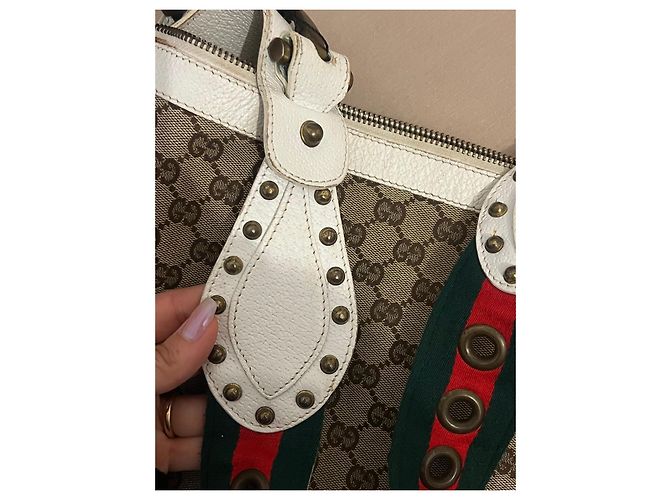 Bolsa de ombro Gucci Monogram em tela e couro branco - vista 6