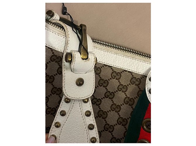 Bolsa de ombro Gucci Monogram em tela e couro branco - vista 7