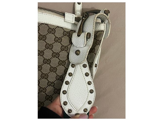Bolsa de ombro Gucci Monogram em tela e couro branco - vista 8