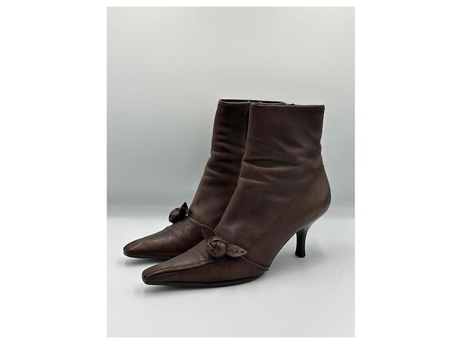 Prada Brown Leather Ankle Boots with Rose Detail - view 2