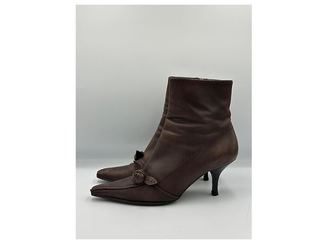 Prada Brown Leather Ankle Boots with Rose Detail - view 3
