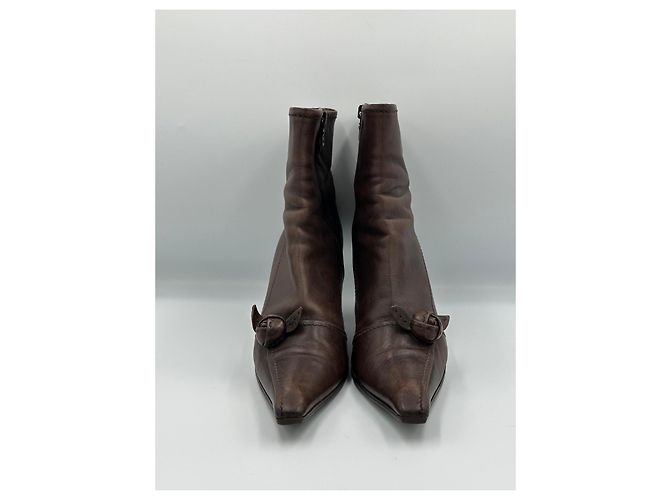 Prada Brown Leather Ankle Boots with Rose Detail - view 4