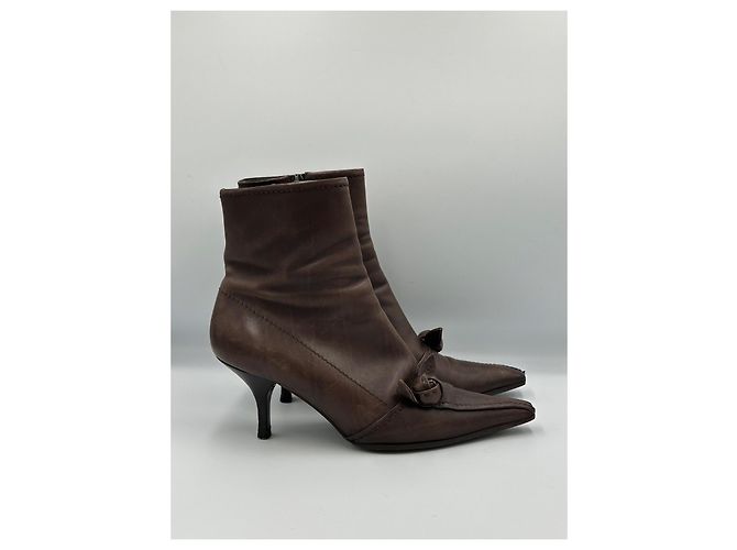 Prada Brown Leather Ankle Boots with Rose Detail - view 5