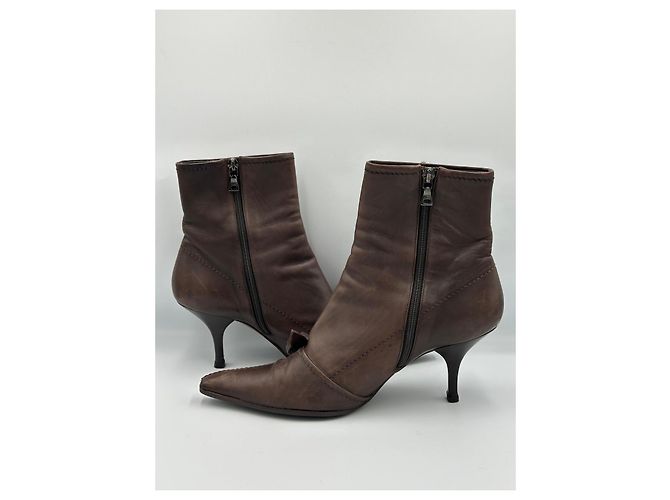 Prada Brown Leather Ankle Boots with Rose Detail - view 7