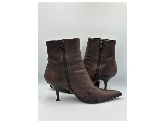 Prada Brown Leather Ankle Boots with Rose Detail - view 8