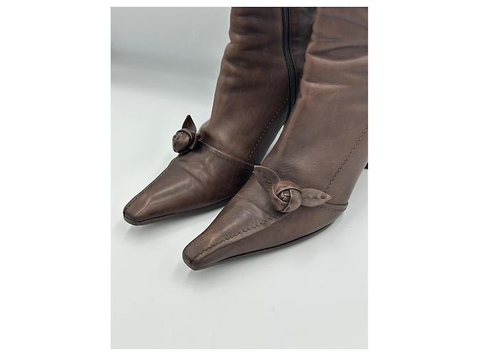 Prada Brown Leather Ankle Boots with Rose Detail - view 9