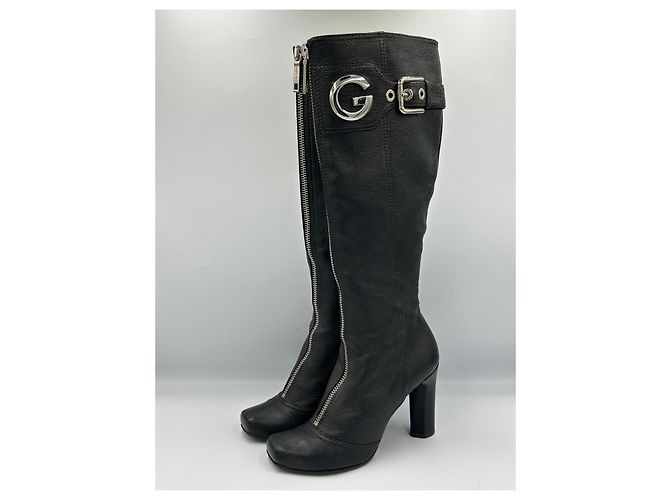 Dolce & Gabbana Black Leather Knee-High Boots with DG Logo - view 2
