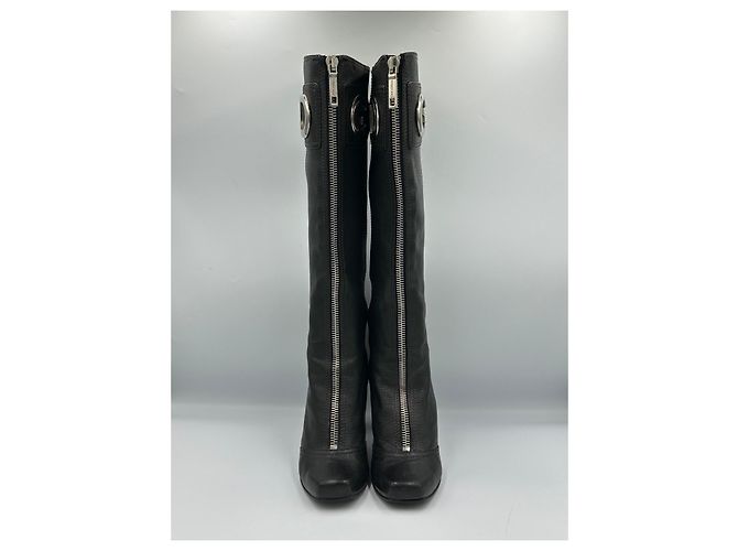Dolce & Gabbana Black Leather Knee-High Boots with DG Logo - view 4