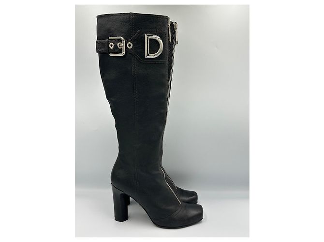 Dolce & Gabbana Black Leather Knee-High Boots with DG Logo - view 5