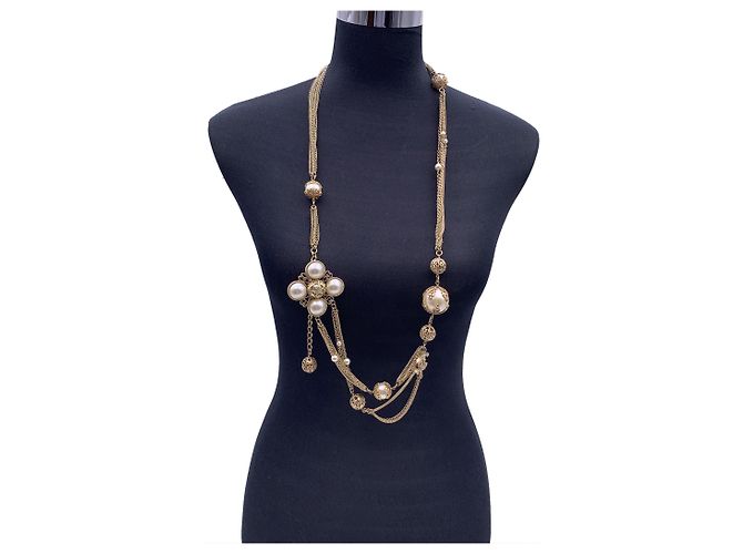 Timeless Chanel 06 Collana o Cintura Multi Catena in Metallo Dorato e Perle Finte Rara - vista 3