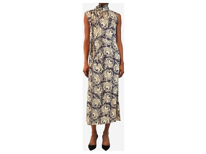 Prada Abito midi floreale crema e blu con fiocco al collo - size UK 6 - vista 3