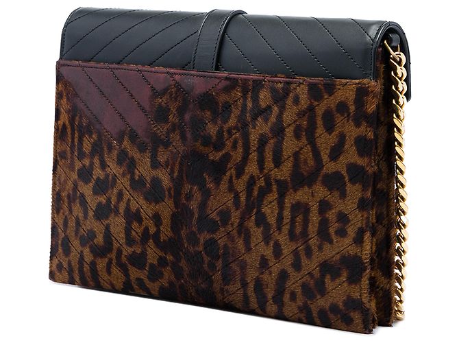 Autre Marque Saint Laurent Borsa a Tracolla a Busta Classic Monogram in Pelle di Vitello Chevron Marrone e Peluria di Vitello con Stampa Leopardata - vista 2