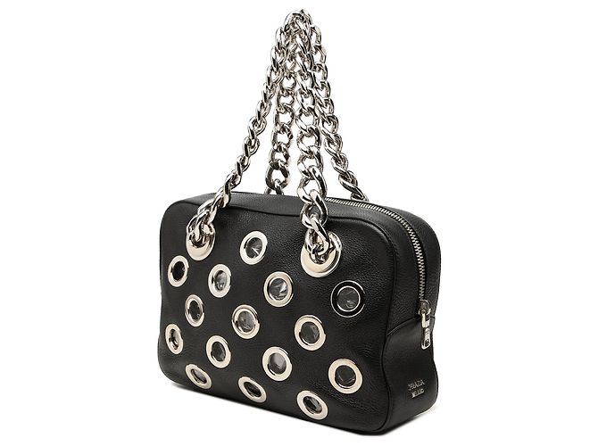 Bolsa de Ombro Prada em Vitello Daino Preta com Corrente e Ilhoses - vista 2