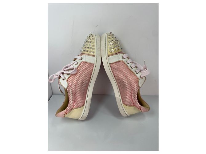 Christian Louboutin Sneakers mesh e pelle rosa con borchie - vista 6