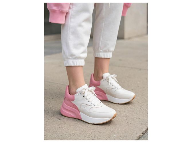 Sneakers Alexander McQueen in Pelle Bianco e Rosa - vista 3