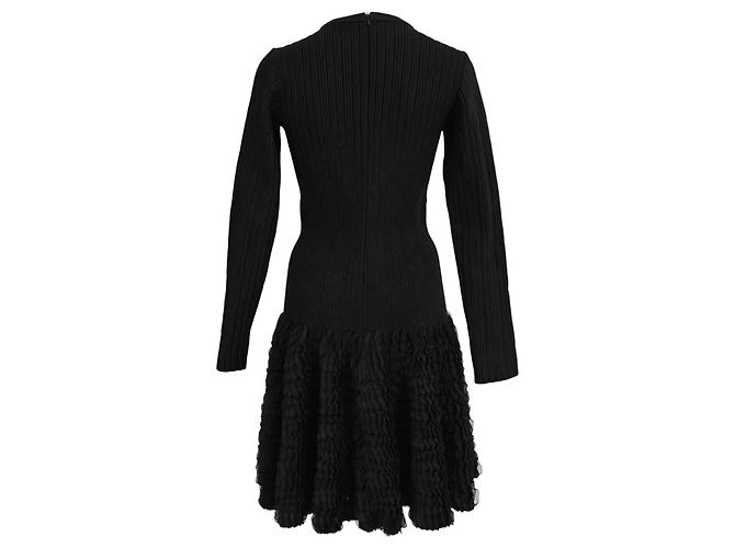 Vestido mini de manga comprida em malha canelada Alaïa em lã preta - vista 3