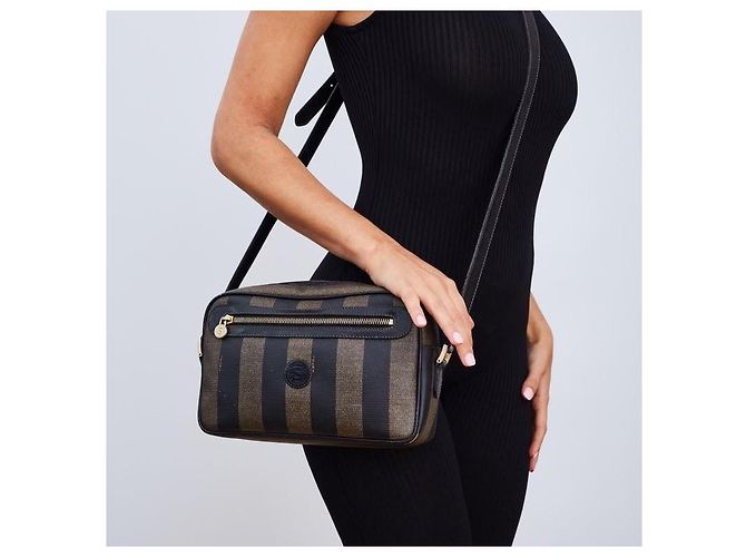 Fendi Borsa a tracolla Pequin Stripe Nero Marrone - vista 13