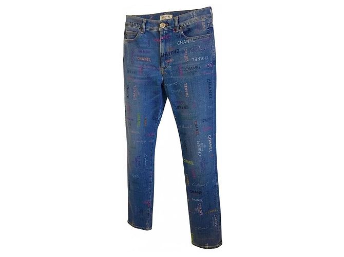 Chanel 22P Logo Printed Denim Jeans Blue & Multicolor FR 40 - view 3