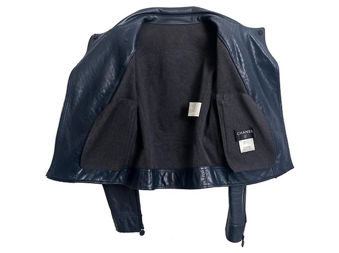 Chanel 12P gesteppte Leder-Bikerjacke - Dunkelblau Petrol FR 36 - Ansicht 10
