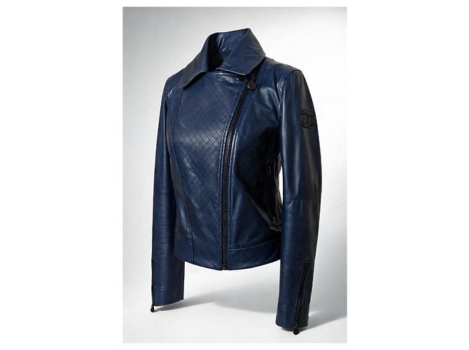 Chanel 12P gesteppte Leder-Bikerjacke - Dunkelblau Petrol FR 36 - Ansicht 2