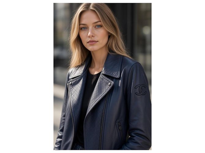 Chanel 12P gesteppte Leder-Bikerjacke - Dunkelblau Petrol FR 36 - Ansicht 4