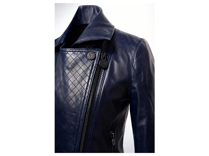 Chanel 12P gesteppte Leder-Bikerjacke - Dunkelblau Petrol FR 36 - Ansicht 5