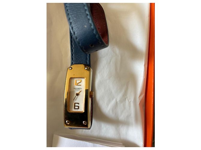 Hermès Cape Cod Goldene Uhr mit blauem Lederarmband - Ansicht 3