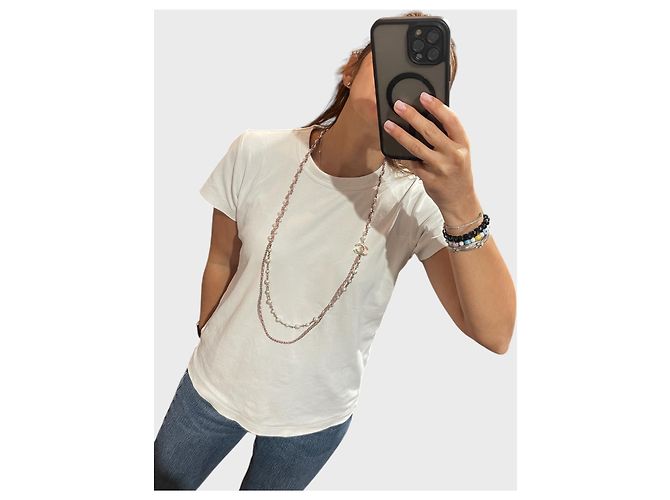 Collana lunga Chanel metallo dorato perle bianche e pelle rosa - vista 3