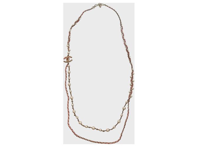 Collana lunga Chanel metallo dorato perle bianche e pelle rosa - vista 5