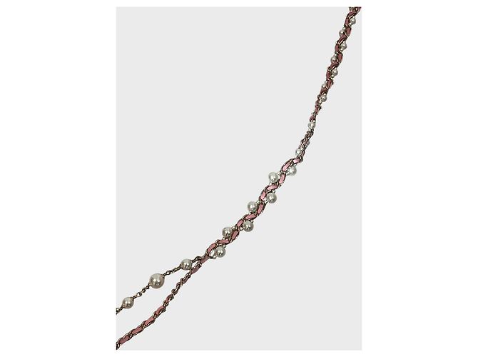 Collana lunga Chanel metallo dorato perle bianche e pelle rosa - vista 6