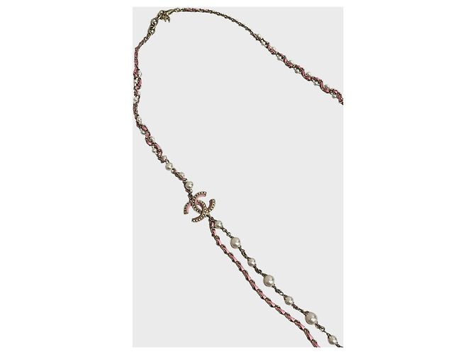 Collana lunga Chanel metallo dorato perle bianche e pelle rosa - vista 7