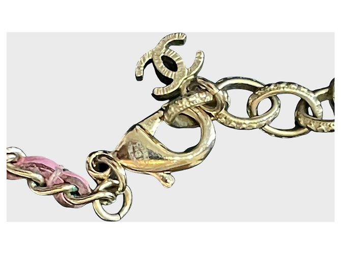Collana lunga Chanel metallo dorato perle bianche e pelle rosa - vista 8