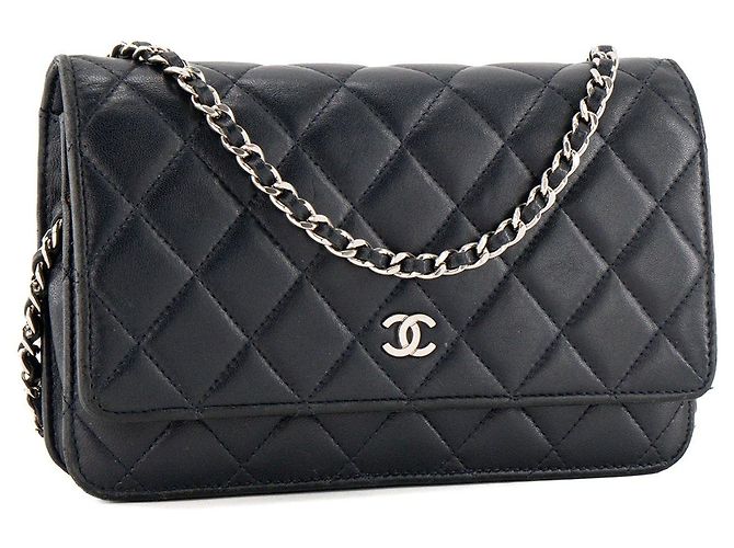 CHANEL - Classic/Timeless Chanel Wallet On Chain Schultertasche aus glattem dunkelblauem Leder - Ansicht 2