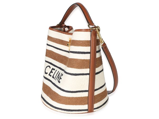 Céline Bolsa Bucket 16 Celine em jacquard têxtil riscado bege e castanho - vista 3