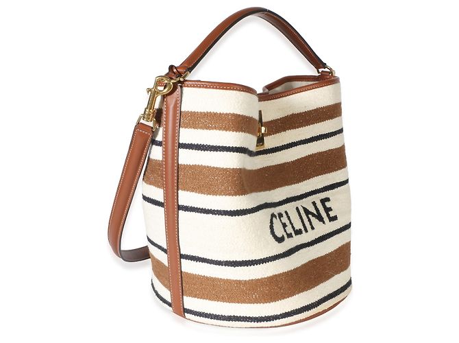 Céline Bolsa Bucket 16 Celine em jacquard têxtil riscado bege e castanho - vista 4