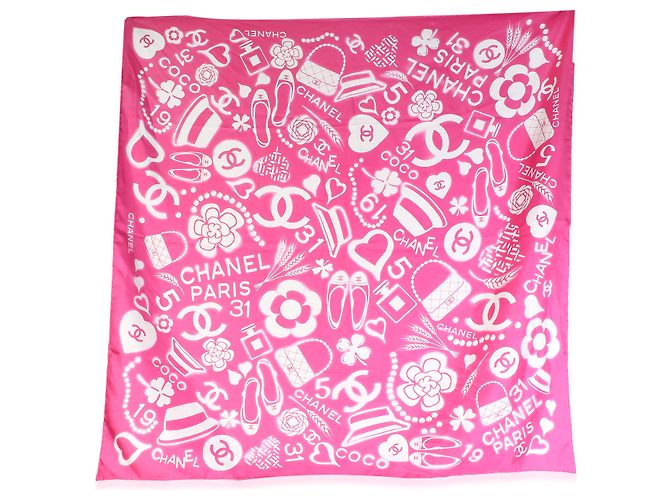Chanel 20C Seidentuch Rosa Weiß mit CC-Logo - Ansicht 5