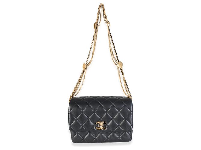 Gabrielle Borsa a patta Chanel Mini Medallion in pelle d'agnello matelassé nera con multi-catene - vista 5