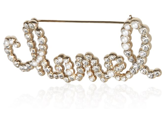 Gabrielle Broche Chanel 2019 chapado en oro con script, perlas falsas y strass - vista 2