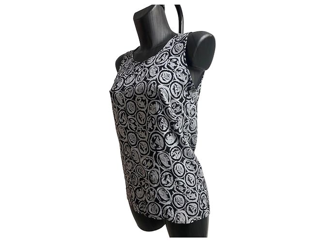 Timeless CHANEL Vintage Printed Silk Sleeveless Top – Black & Grey Monogram Camellia Pattern - view 2