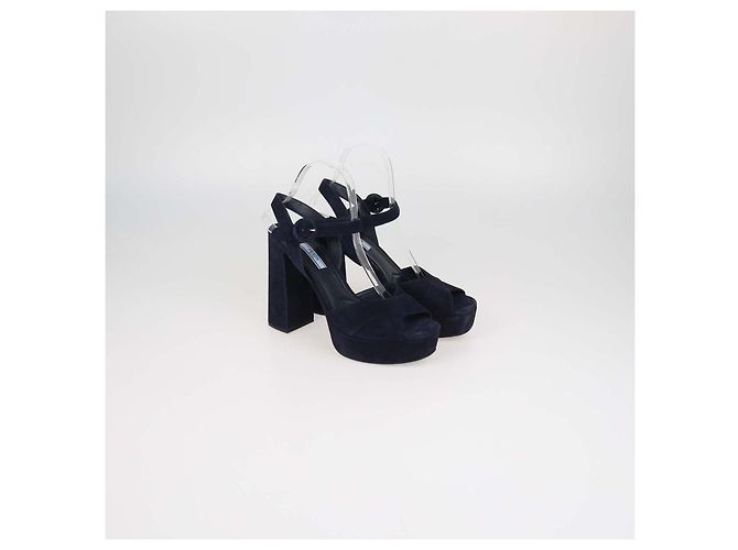 Prada Navy Blue Suede Ankle Strap Platform Sandals - view 2