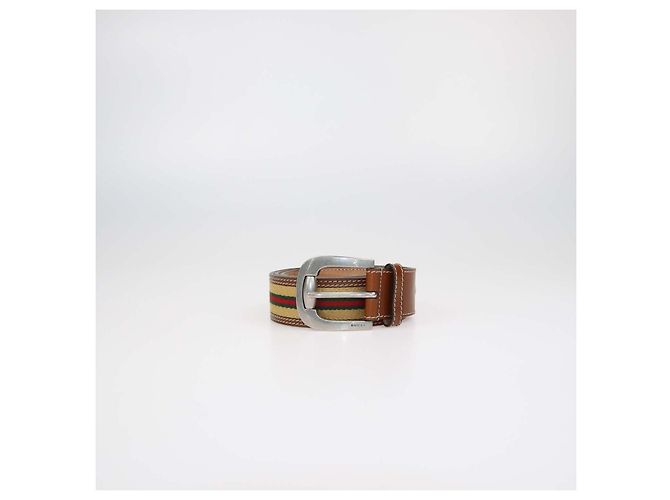 Gucci Brown Leather and Web Fabric Buckle Belt - view 2