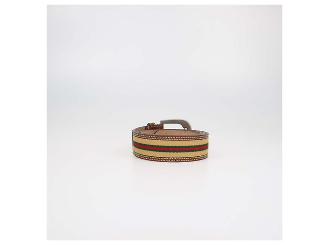 Gucci Brown Leather and Web Fabric Buckle Belt - view 4