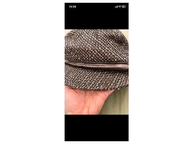 Cappello Patrizia Pepe in tweed marrone e beige con dettaglio in pelle - vista 3